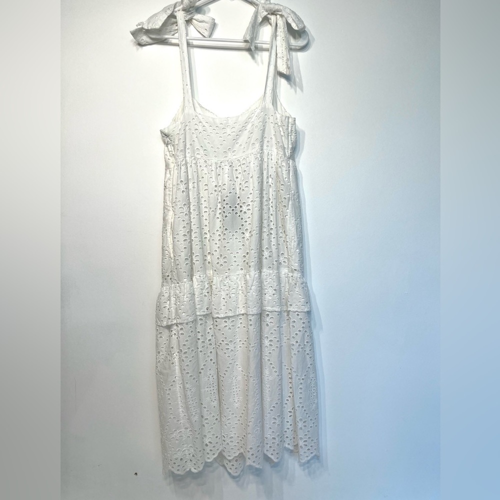 White eyelet sleeveless tiered midi dress, lined, cotton, beach dress, 8 - Picture 7 of 11